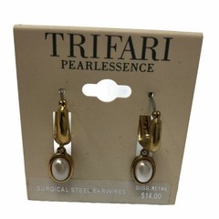 Trifari Womens Earrings Pearlessence Hoop Faux Pearl Goldtone Small Everyday NEW
