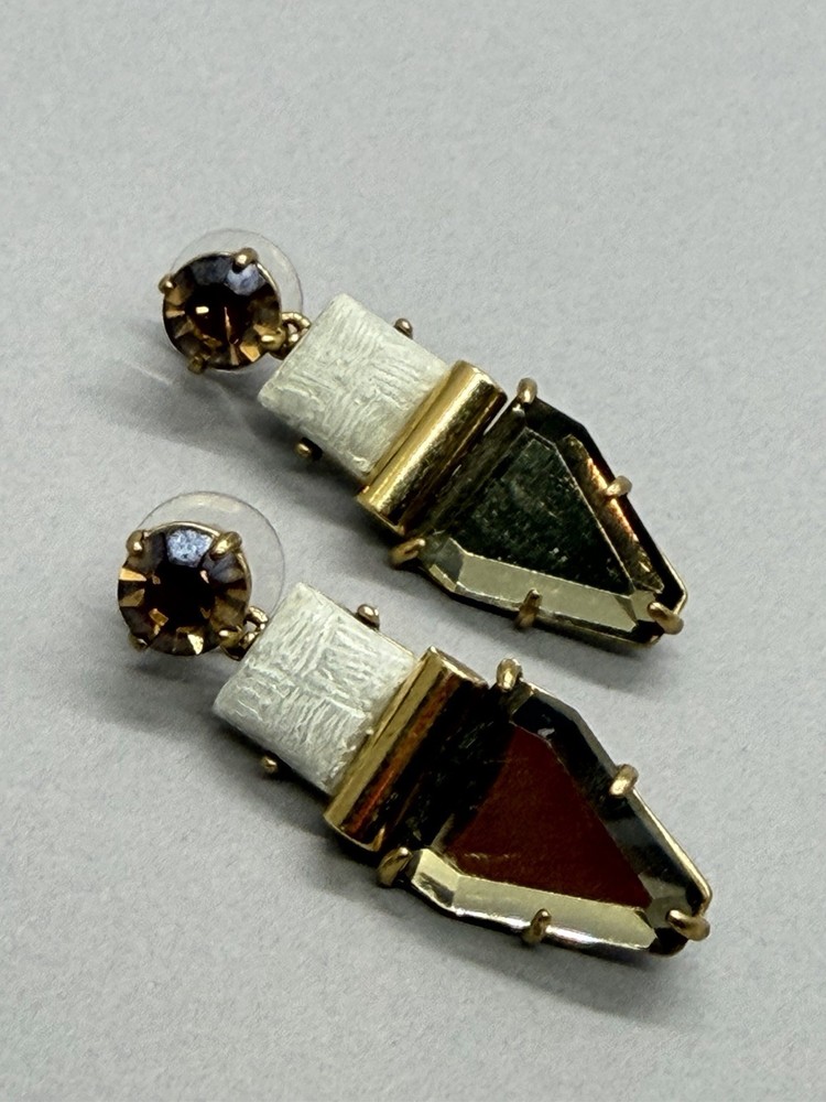 J Crew Dangle Earrings Geometric Design Acrylic Brown Green Gold Tone Post 1.50″