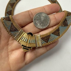 Antique Art Deco Egyptian Revival Enamel Geometric Mesh Collar Necklace 16”
