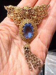 Vintage West Germany Brooch Blue Glass Gold Tone Signed FANTASTIC