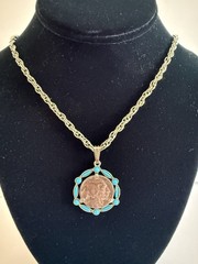 Vtg Indian Head Buffalo Nickel Coin Necklace Turquoise Accents 24″ + Feather 18″