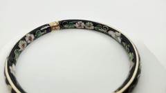 Vintage Chinese Black Cloisonné Enamel Bangle Bracelet Floral Hinged Gilt Brass