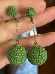 Vintage Green Glass Seed Bead Dangle Drop Clip On Earrings Go Go Style 2”