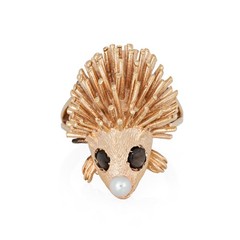 70s Vintage Hedgehog Ring 14k Yellow Gold Pearl Sapphire Eyes Sz 4.5 Jewelry