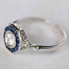 Art Deco Style Lab-Created Diamond & Sapphire Engagement Ring 14k White Gold FN