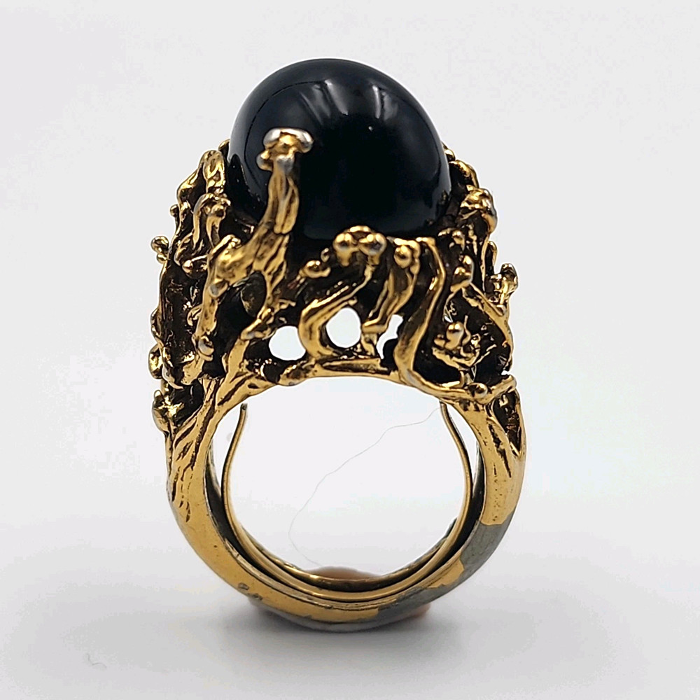 Brutalist Chunky Cocktail Ring 60s Black Resin Cabochon Gold Tone Costume Sz 9