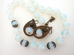 Vintage Light Blue Opaline Glass Bead Necklace Earrings Set Bohemian Deco Style