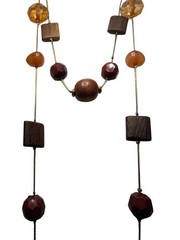 Vintage Boho Earthy Layered Necklace Wood Beads Amber Crystal Carnelian Tone 30″