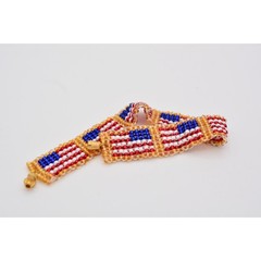 Vintage American Flag Beaded Bracelet Red White Blue USA Gold Woven 1990s Bin4