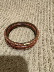 3 Vintage Bangles Wood, Leather, And Gold Tone