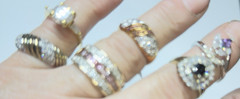 SETA square pink & clear round stone in 3 rows on gold 7/16″ wide band ring Sz 9