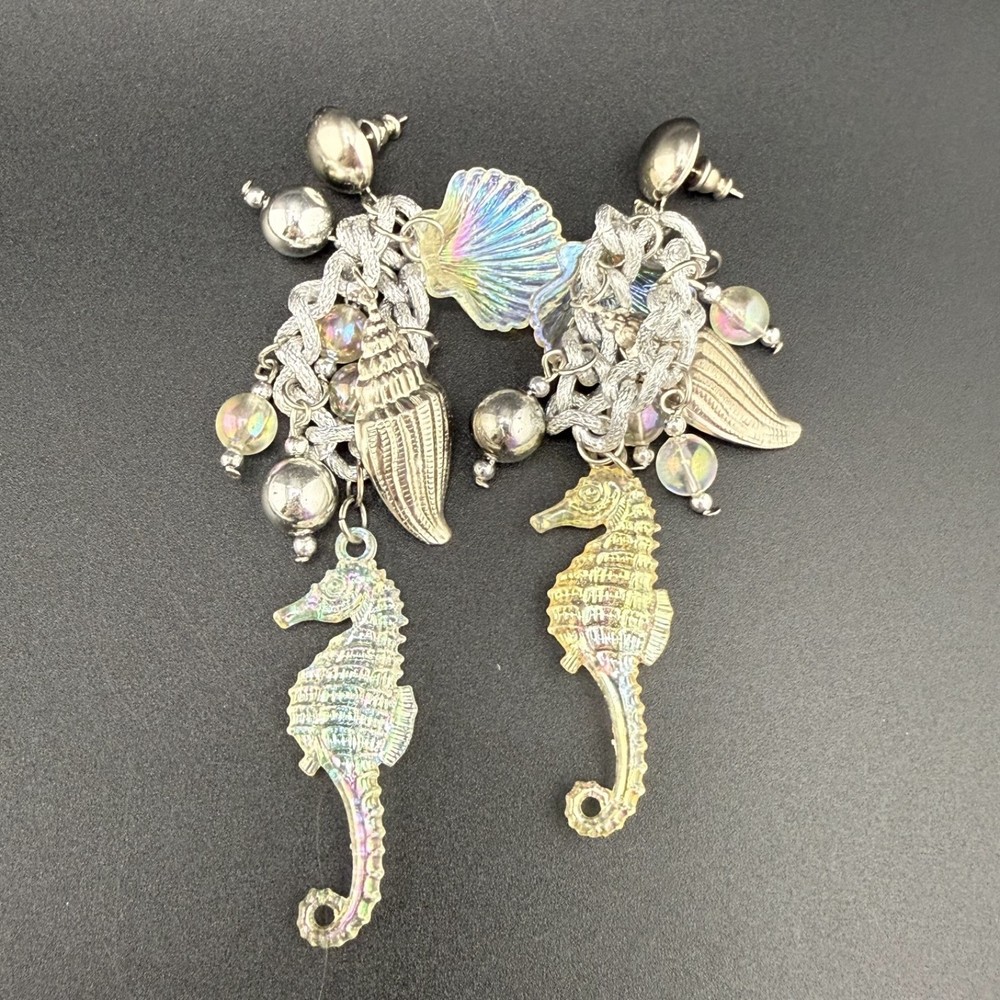 Vintage Seahorse Pierced Earrings Ocean Them Silver Tone Shell
