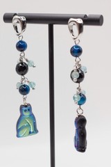 2.9″ Long Black Blue Agate Fluorite Cat Dangle Earrings