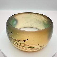 Vintage 90s Frosted Lucite Bracelet Peacock Feather Hand Painted Chunky Jewelry