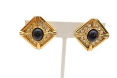 Vintage Clip On Earrings Gold Tone Rhinestone Black Cabochon