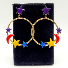Stars Crescent Moon Colorful Enamel Metal Gold Tone Round Hoop Pierced Earrings