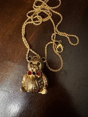 Vintage Teddy Bear Locket Necklace Gold Tone Rhinestone Hidden Honey Pot 34”