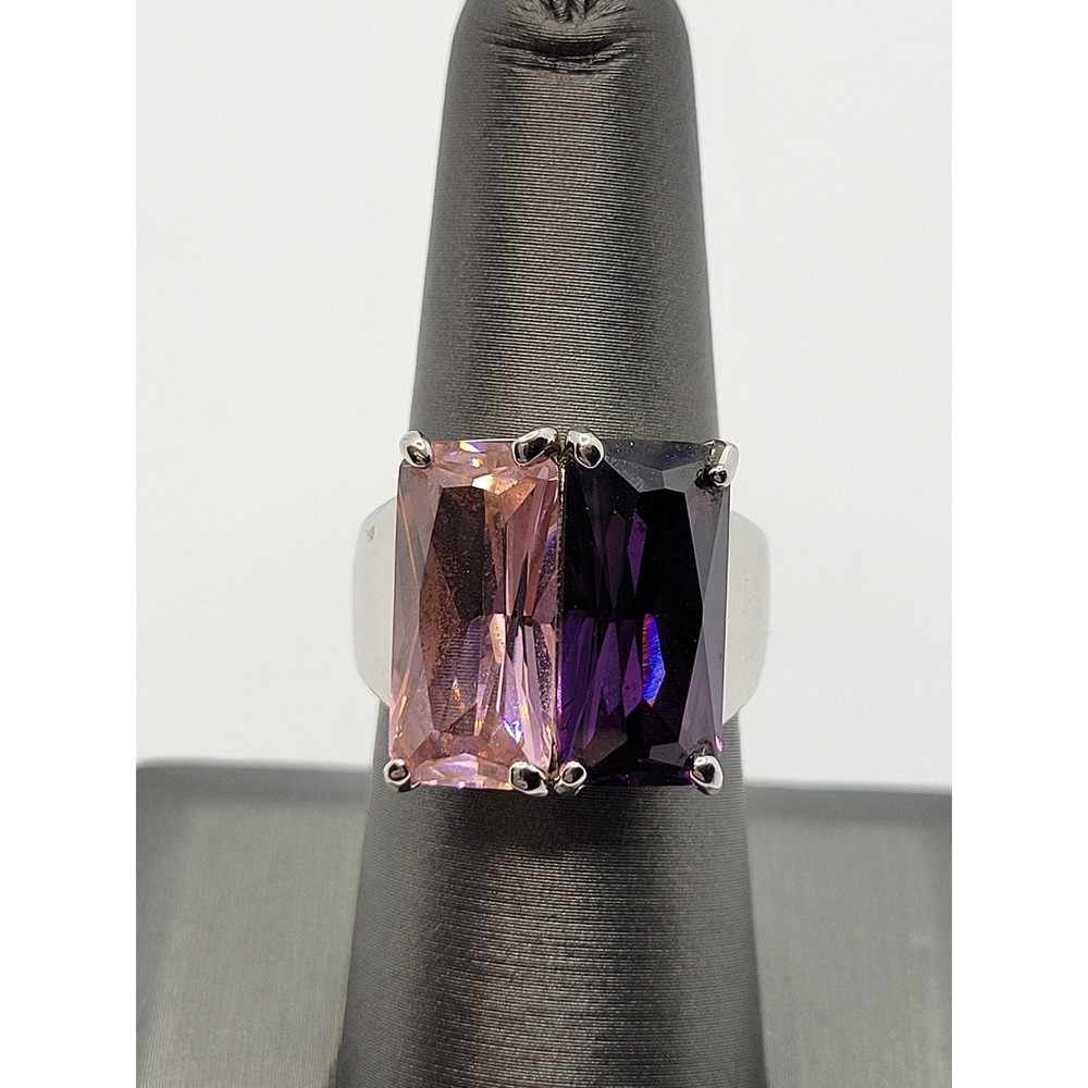 Pink & Purple Crystal Ring Prong Set Stones Modernist Geometric Silvertone