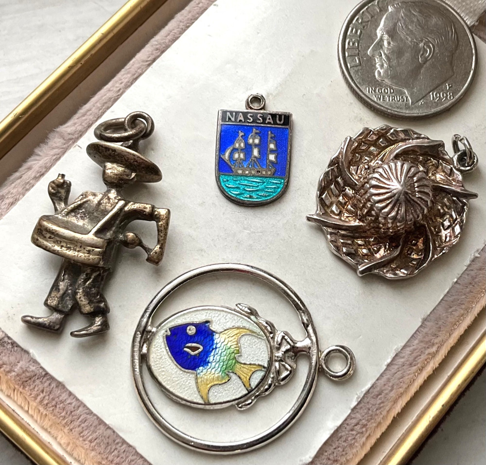 Vintage STERLING ENAMEL Charms TROPICAL FISH BAHAMAS Straw Hat STEEL DRUMMER