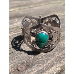 MCM Mexican Sterling Silver 0.925.M Hinged Green Onyx Filigree Panel Bracelet
