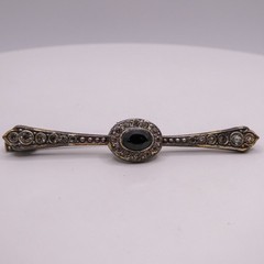 Vintage French Silver Toned Bar Brooch Pin Black Rhinestone Trombone Clasp
