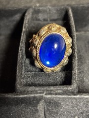 Vintage Large Chinese Blue Inlay Stone Ring Expandable Silver Toned