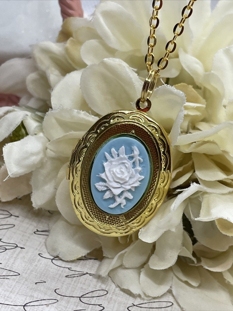 Blue White Easter Spring Wedding ROSE Cameo Locket Pendant Necklace Woman Gold