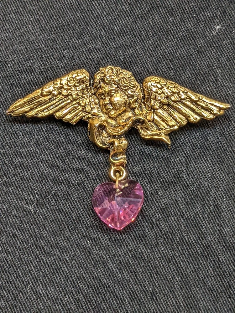 Vintage Signed Cherub Angel Brooch Pink Crystal Heart Dangle Gold Tone Pin 2.5″