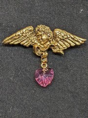 Vintage Signed Cherub Angel Brooch Pink Crystal Heart Dangle Gold Tone Pin 2.5″