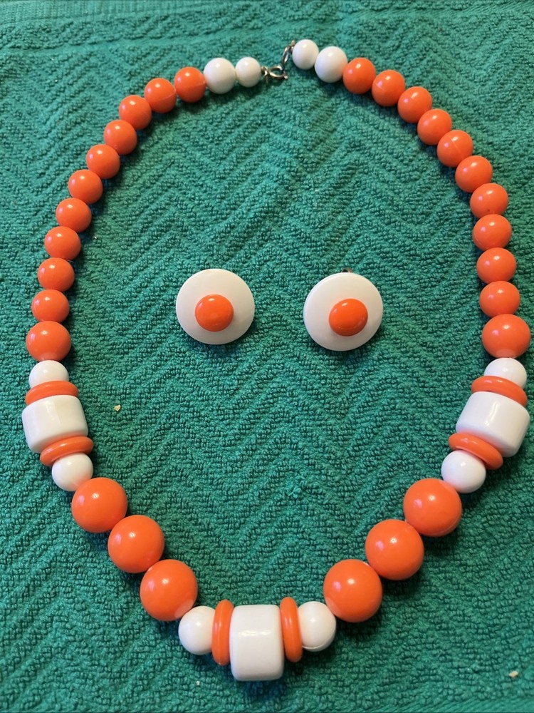 Vintage MCM Orange&White Lucite Chunky Bead Necklace and Clip Earrings-Hong Kong