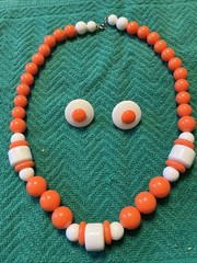 Vintage MCM Orange&White Lucite Chunky Bead Necklace and Clip Earrings-Hong Kong