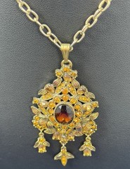 Vintage 60s Hollycraft Ornate Rhinestone Necklace Pendant Yellow Brown Gold Tone