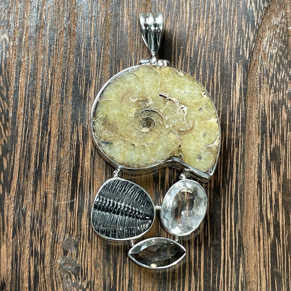 Sterling Silver Ammonite Fossil Gemstone Pendant Bezel Set 32g 3” Length