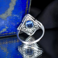 Art Deco Style Lab Created Diamond & Sapphire Engagement 14K White Gold FN Ring