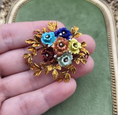 Vintage Italy 18K Gold Colorful Flower & Diamond Brooch KG Old Italian Jewelry