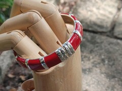 2 Vintage Hinged Bangle Bracelets with Red Enamel 1 Gold Tone 1 Silver Tone 80’s
