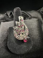 Vintage Pink Rhinestone Bracelet & Ring Set – Wide Art Deco Style Crystal Expans