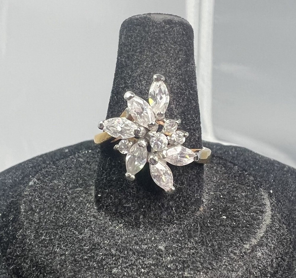 Vintage 18K GE RG Rhinestone Cluster Cocktail Ring Size 8