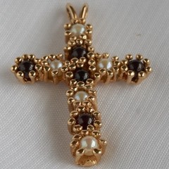 14K Solid Gold Large Ornate Garnet Pearl Christian Cross Necklace, 1.5 Inches