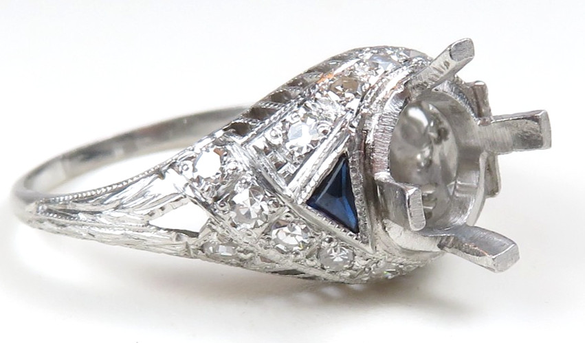 Antique Art Deco Setting Mounting Platinum Hold 6MM-8MM Ring Size 6 UK-L1/2