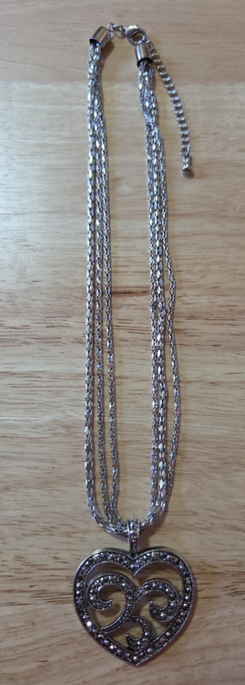 Vintage Heart Marcasite Pedant Triple Chain Black Necklace 16in. W/ 2.5 Ext.