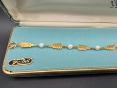 Vintage Van Dell 12K Gold Filled Cultured Pearl Leaf Bracelet NIB Mid-Century