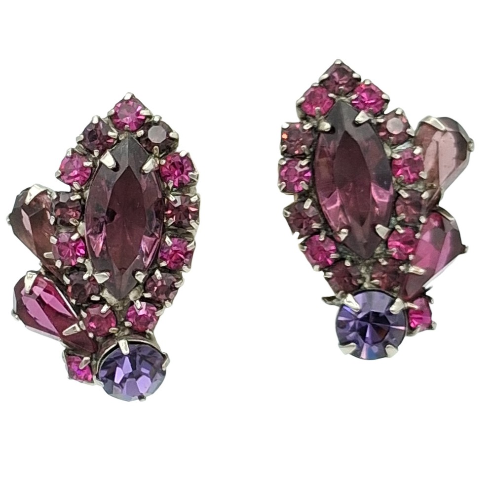 Vtg 1960s Pink Purple Marquise Prong Set Rhinestone Clip Earrings 1″
