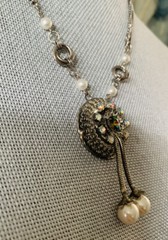 VINTAGE silver tone CRYSTAL AB rhinestone DROP NECKLACE chain SPARKLY Faux pearl