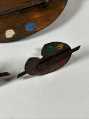 VINTAGE COPPER BROOCH & CLIP EARRINGS ARTIST PALETTE PAINT BRUSHES NICE