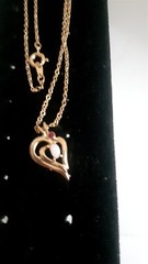 Vintage Opal & Red Gemstone Half Heart Pendant necklace. Gold Tone. 18 In.