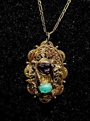 Vintage French Stamp Gold Plate Necklace Art Deco Purple Green Stones Pendant
