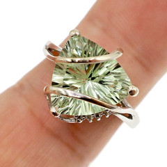Fabulous 14k Solid White Gold 5ct Natural Prasiolite and Diamond Ring Size 8