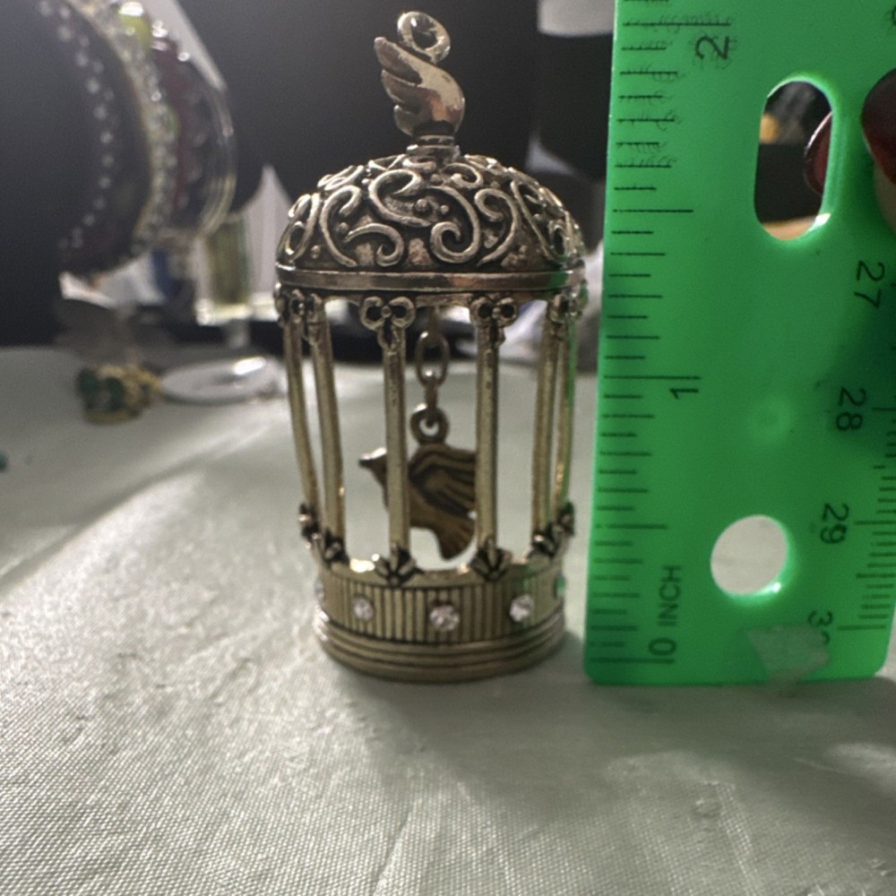 Vintage Gold Birdcage Charm Pendant with Bird and Rhinestone Accents