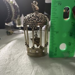 Vintage Gold Birdcage Charm Pendant with Bird and Rhinestone Accents